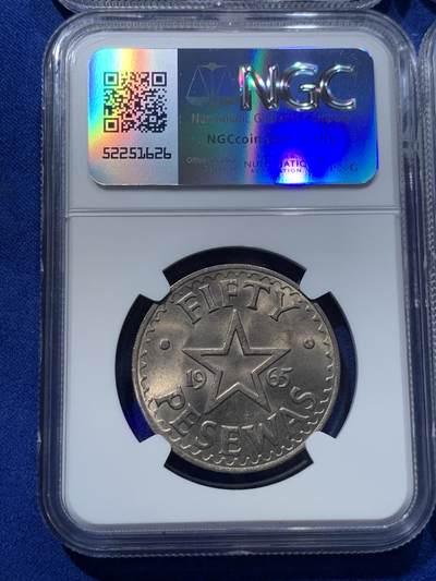 《竞宝斋》第424场 周日，周一，周二  3场连拍 （全场包邮） 四枚一组 NGC MS63-65 加纳1965年5/10/25/50pesewa 四枚全套 全部MS爆光品相 一步到位 成套少见