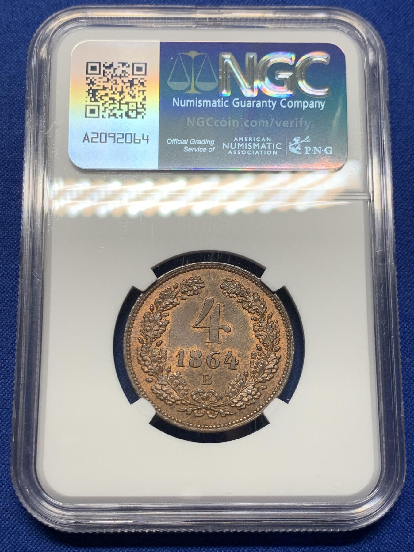 《竞宝斋》第424场 周日，周一，周二  3场连拍 （全场包邮） NGC MS64RB 奥地利 1864年4克鲁泽铜币 高分好品 62分的今年1400成交
