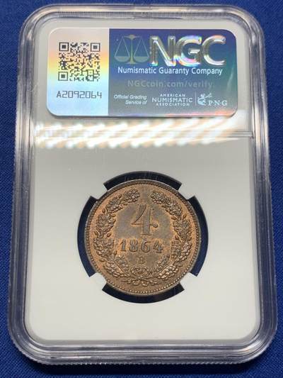 《竞宝斋》第424场 周日，周一，周二  3场连拍 （全场包邮） 唯一亚军分 NGC MS64RB 奥地利 1864年4克鲁泽铜币 高分好品 62分的今年1400成交
