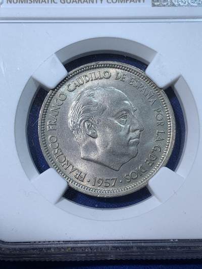 《竞宝斋》第424场 周日，周一，周二  3场连拍 （全场包邮） NGC MS63 西班牙 1957(58) 独裁者 50比塞塔