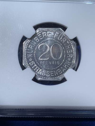 《竞宝斋》第424场 周日，周一，周二  3场连拍 （全场包邮） NGC MS65 德国1920年紧急状态时期纽伦堡20芬尼代用币