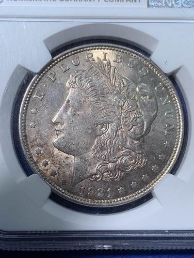 《竞宝斋》第424场 周日，周一，周二  3场连拍 （全场包邮） NGC MS63 美国1921年摩根银币，原汁原味。