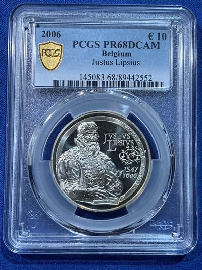 《竞宝斋》第424场 周日，周一，周二  3场连拍 （全场包邮） PCGS MS68DCAM 比利时2006年10欧元 新斯多亚学派学者利普修斯纪念币