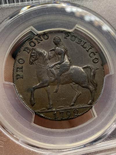 《竞宝斋》第424场 周日，周一，周二  3场连拍 （全场包邮） PCGS AU55 英国1792年考文垂戈黛娃夫人半便士Token铜币，热门品种，状态很好的一枚，发丝、胸口、马鬃及背面砖石的细节都很赞，强于所见打制不佳的MS品，状态胜过分数