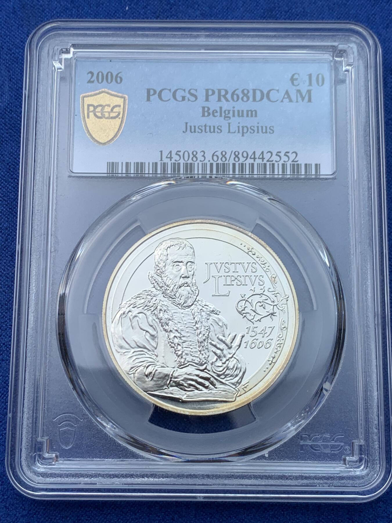 《竞宝斋》第424场 周日，周一，周二  3场连拍 （全场包邮） PCGS MS68DCAM 比利时2006年10欧元 新斯多亚学派学者利普修斯纪念币