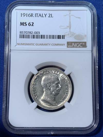 《竞宝斋》第424场 周日，周一，周二  3场连拍 （全场包邮） - NGC MS62 意大利1916年小马车2里拉银币