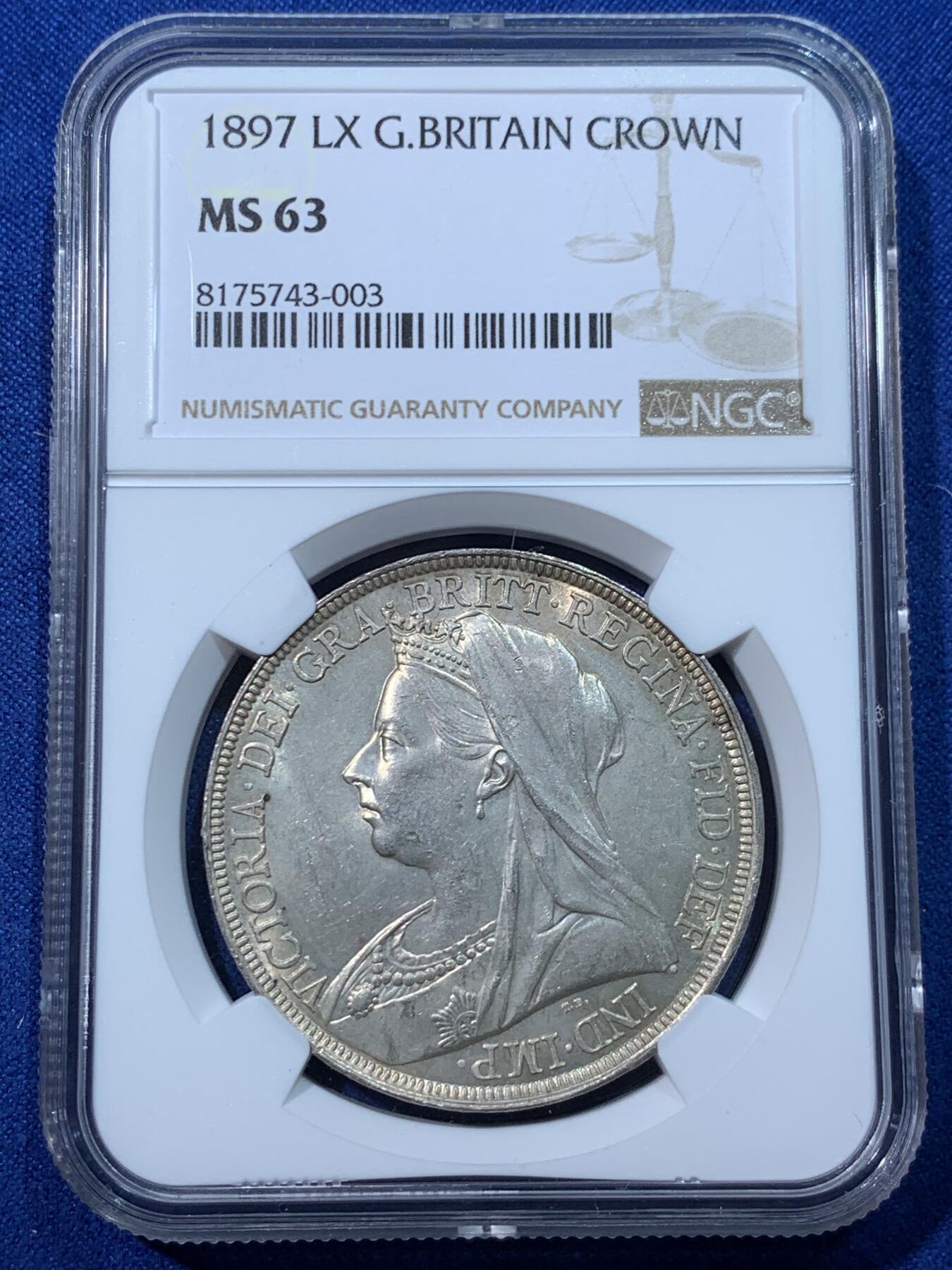 《竞宝斋》第424场 周日，周一，周二  3场连拍 （全场包邮） NGC MS63 维多利亚1897LX大披纱马剑克朗，顶级卷开原光品相，整体打制非常犀利，人像马剑图案饱满，有轻微镜面感，更高分数6枚。