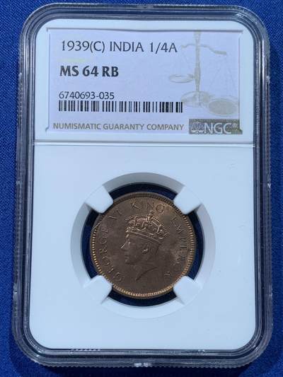 《竞宝斋》第424场 周日，周一，周二  3场连拍 （全场包邮） - NGC MS64RB 英属印度1939年C版1/4安娜铜币