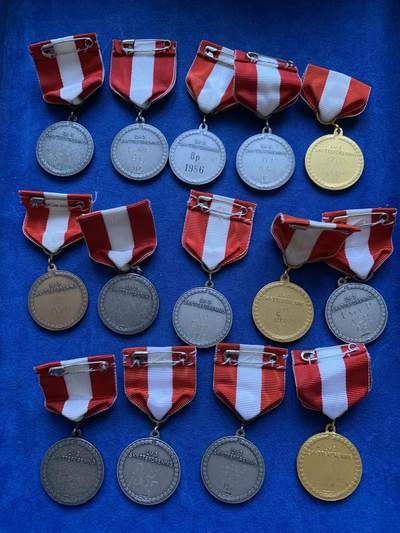 《竞宝斋》第424场 周日，周一，周二  3场连拍 （全场包邮） 瑞典射击节奖章，全部14枚，单个直径约30.7mm，总重约243.2克，细节见图。