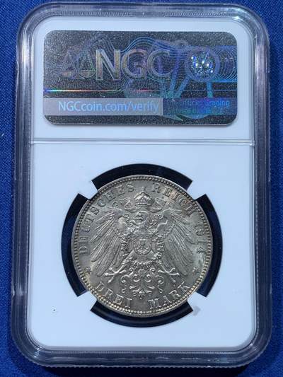 《竞宝斋》第424场 周日，周一，周二  3场连拍 （全场包邮） NGC MS63 德国1914J汉堡-双狮3马克银币