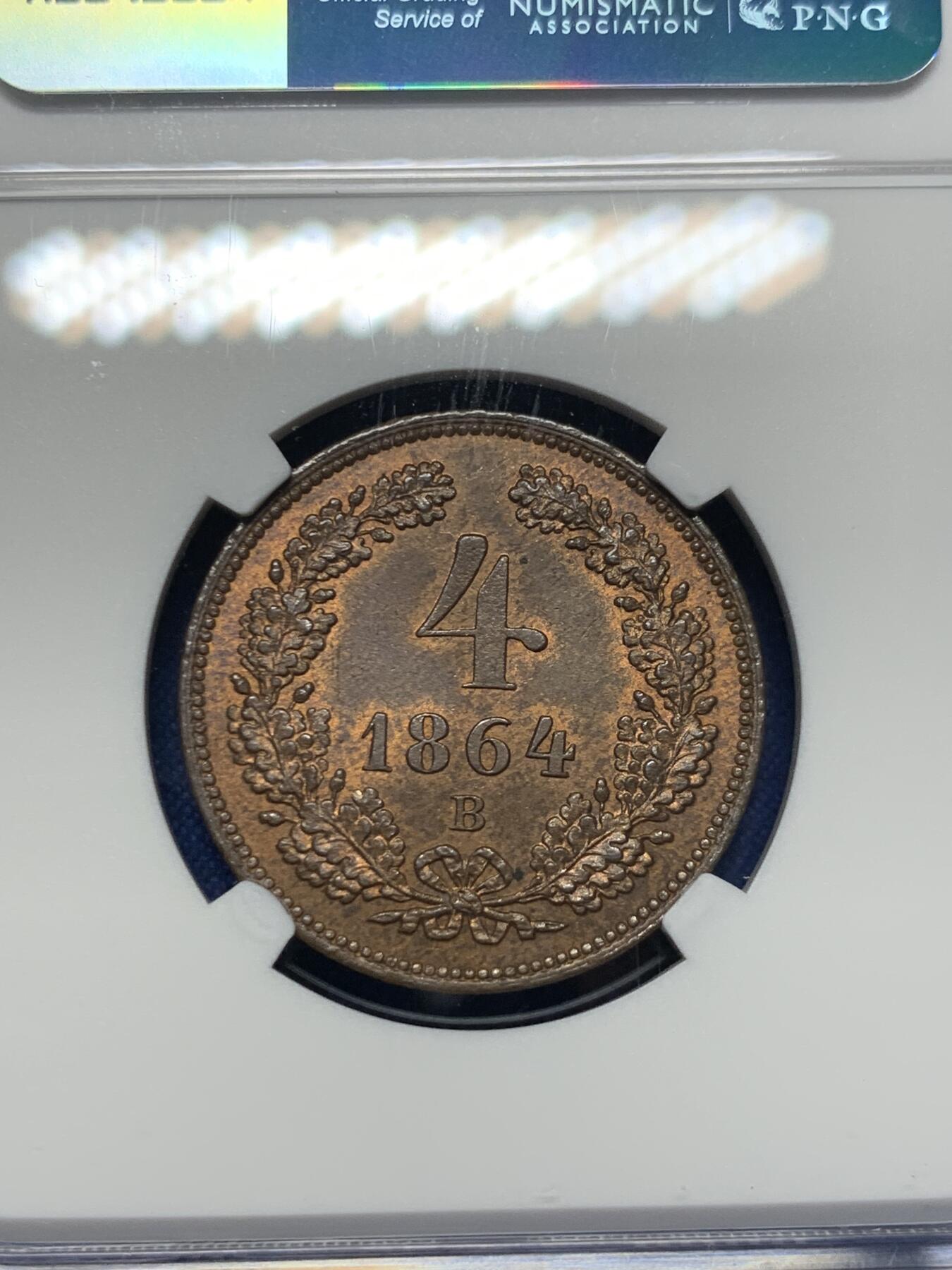《竞宝斋》第424场 周日，周一，周二  3场连拍 （全场包邮） NGC MS64RB 奥地利 1864年4克鲁泽铜币 高分好品 62分的今年1400成交