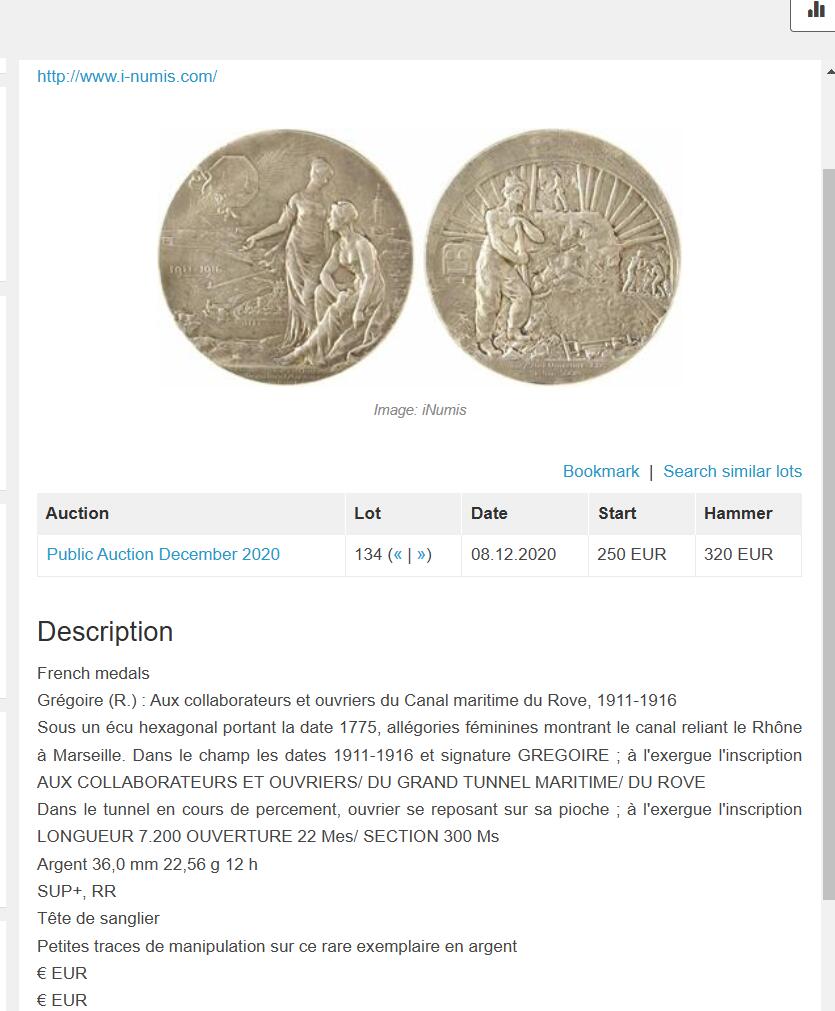《竞宝斋》第423场 周日，周一，周二  3场连拍 （全场包邮） 法国鲁夫运河工程银质纪念章 22.9克 35.8mm  普通外拍 3200成交 正面：六边形盾徽上刻有年份1775， 图案区域标注1911-1916年及签名“GREGOIRE”；底部铭文“致鲁夫大型海上隧道的合作者与工人们”。背面：正在开凿的隧道中，一名工人倚靠镐头休息；底部铭文“长度7,200米 开口22米/断面300平方米”。 原盒  此章颁发给桥梁与公路总监察长克拉韦耶 