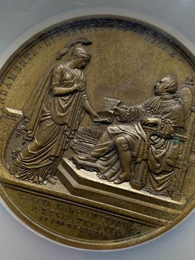 《竞宝斋》第424场 周日，周一，周二  3场连拍 （全场包邮） NGC MS62BN 法国波旁王朝复辟时期君主立宪制宪法颁布纪念铜章 加大加厚盒