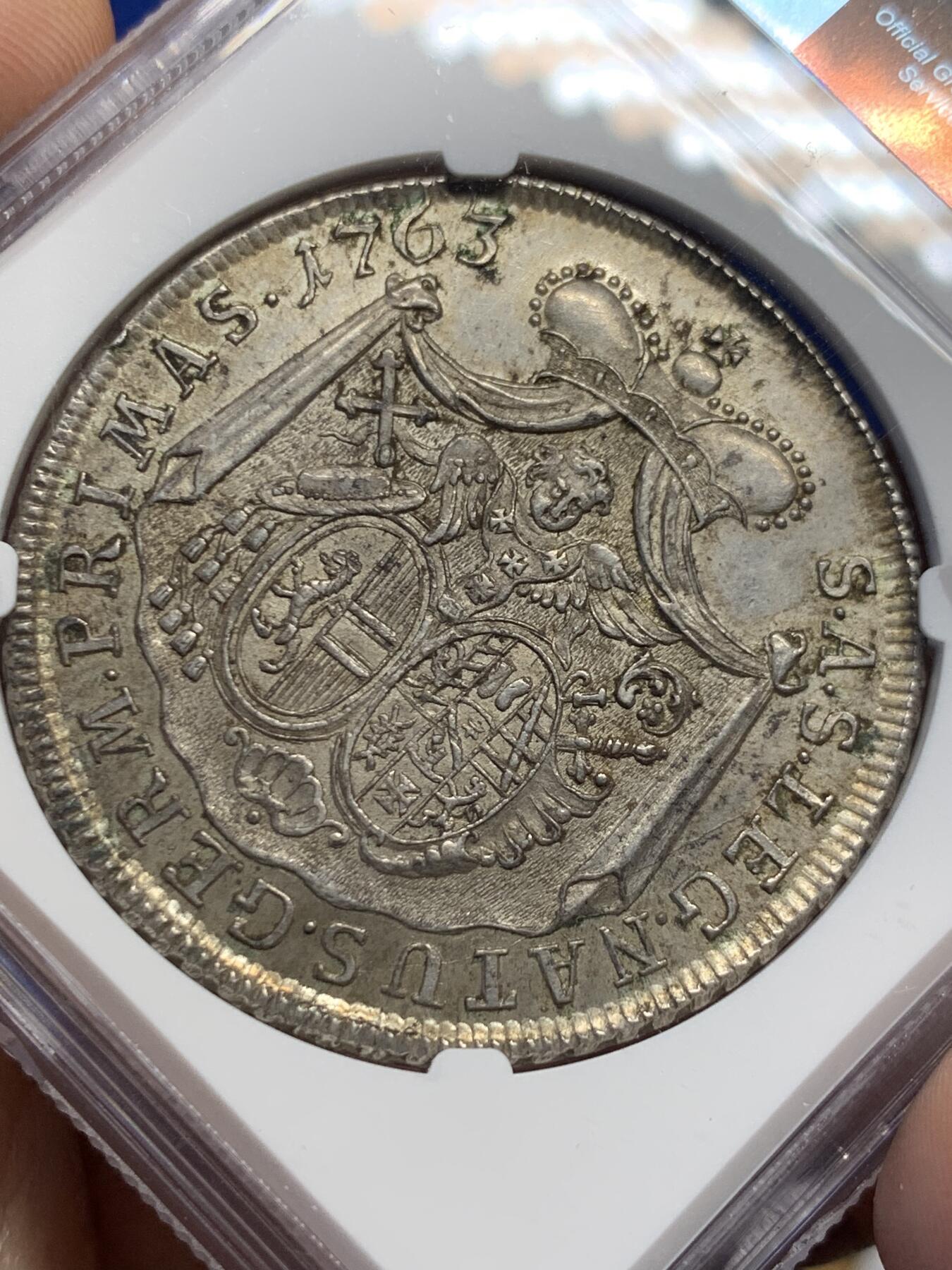 《竞宝斋》第424场 周日，周一，周二  3场连拍 （全场包邮） 亚军分 NGC MS62 奥地利 萨尔茨堡 1763年 泰勒银币 极少版本