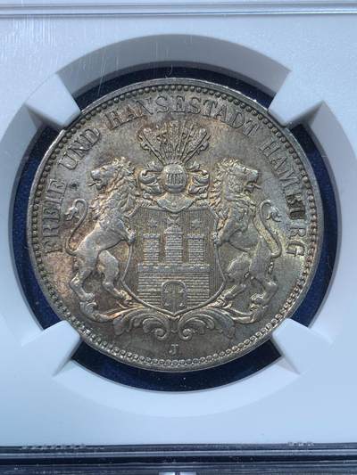 《竞宝斋》第424场 周日，周一，周二  3场连拍 （全场包邮） NGC MS63 德国1914J汉堡-双狮3马克银币