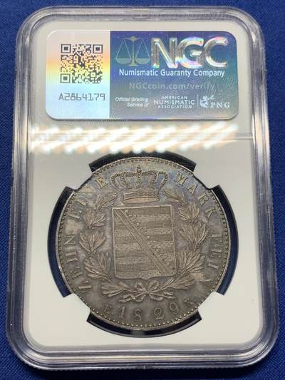《竞宝斋》第424场 周日，周一，周二  3场连拍 （全场包邮） NGC UNC 德国 1829年 萨克森-科堡-哥达公国 欧内斯特一世 泰勒大银币 资料显示发行量仅3759枚 做为流通币来说保存下来很难 裸币普遍在1.5-2W成交