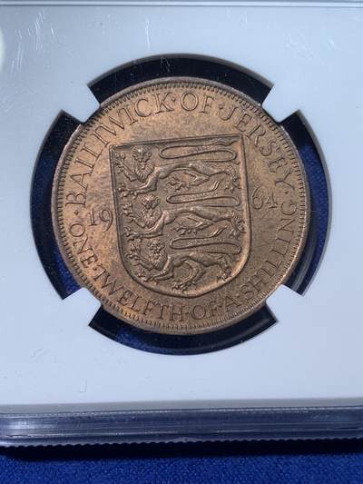 《竞宝斋》第424场 周日，周一，周二  3场连拍 （全场包邮） NGC MS63RB 英属泽西岛1964年1/12先令 红棕色充分氧化