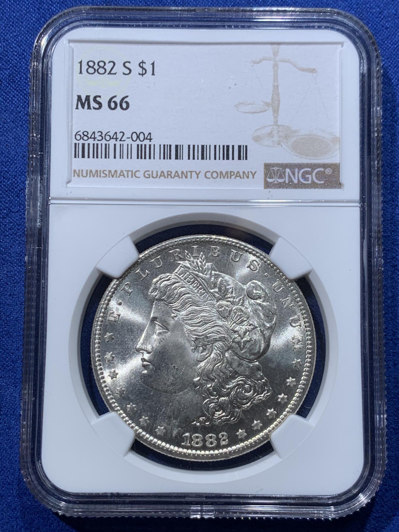 《竞宝斋》第424场 周日，周一，周二  3场连拍 （全场包邮） NGC MS66 美国 1882年 一美元 摩根银币 高分收藏级 超强转光 同分中的战斗机