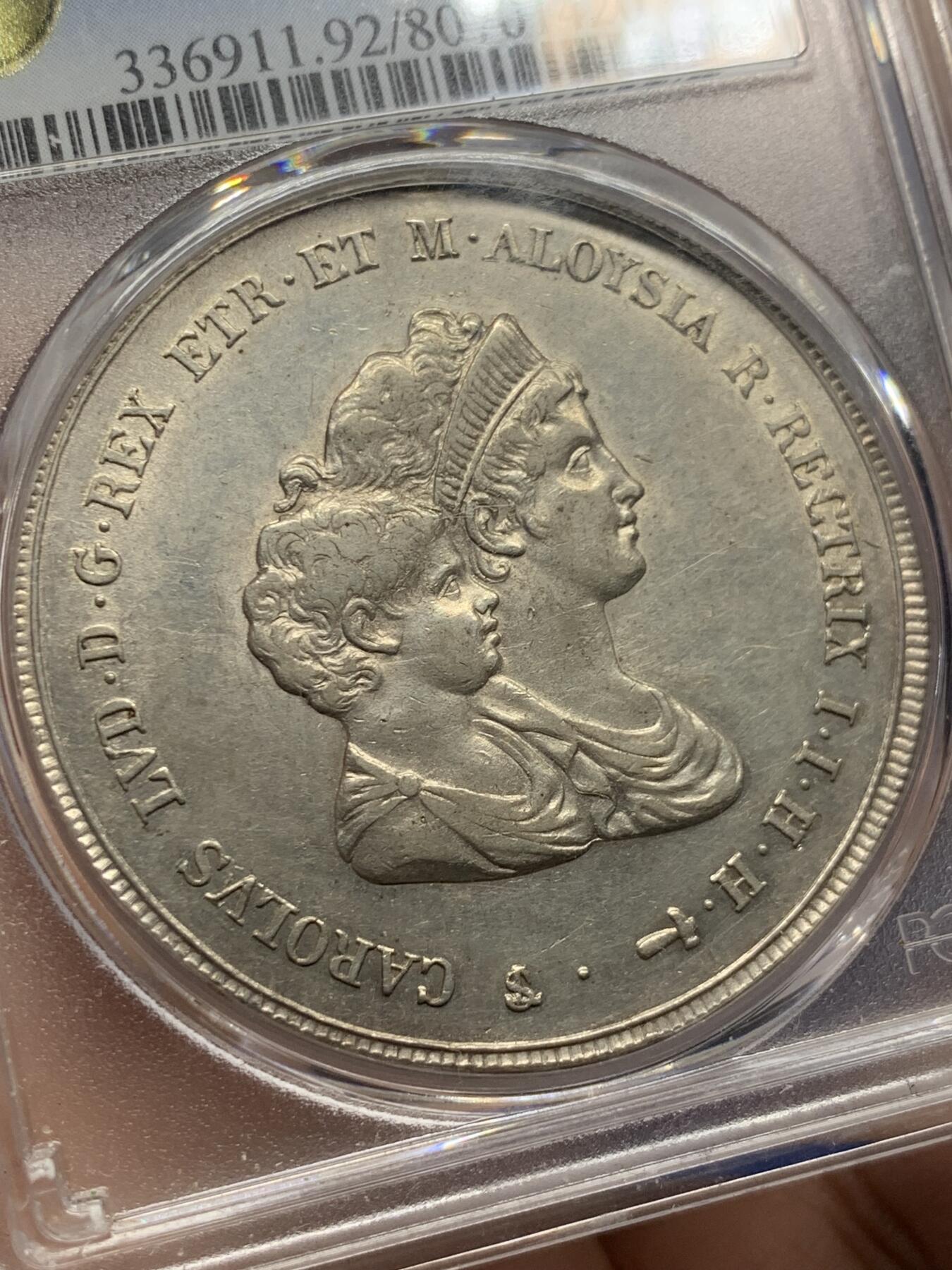 《竞宝斋》第424场 周日，周一，周二  3场连拍 （全场包邮） PCGS AUD 意大利托斯卡纳1807年母子10里拉大银币