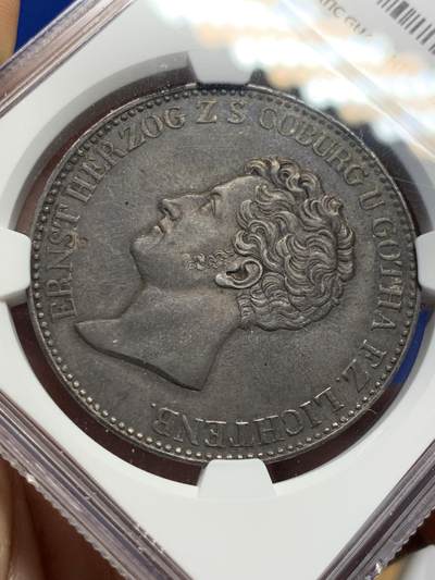 《竞宝斋》第424场 周日，周一，周二  3场连拍 （全场包邮） NGC UNC 德国 1829年 萨克森-科堡-哥达公国 欧内斯特一世 泰勒大银币 资料显示发行量仅3759枚 做为流通币来说保存下来很难 裸币普遍在1.5-2W成交