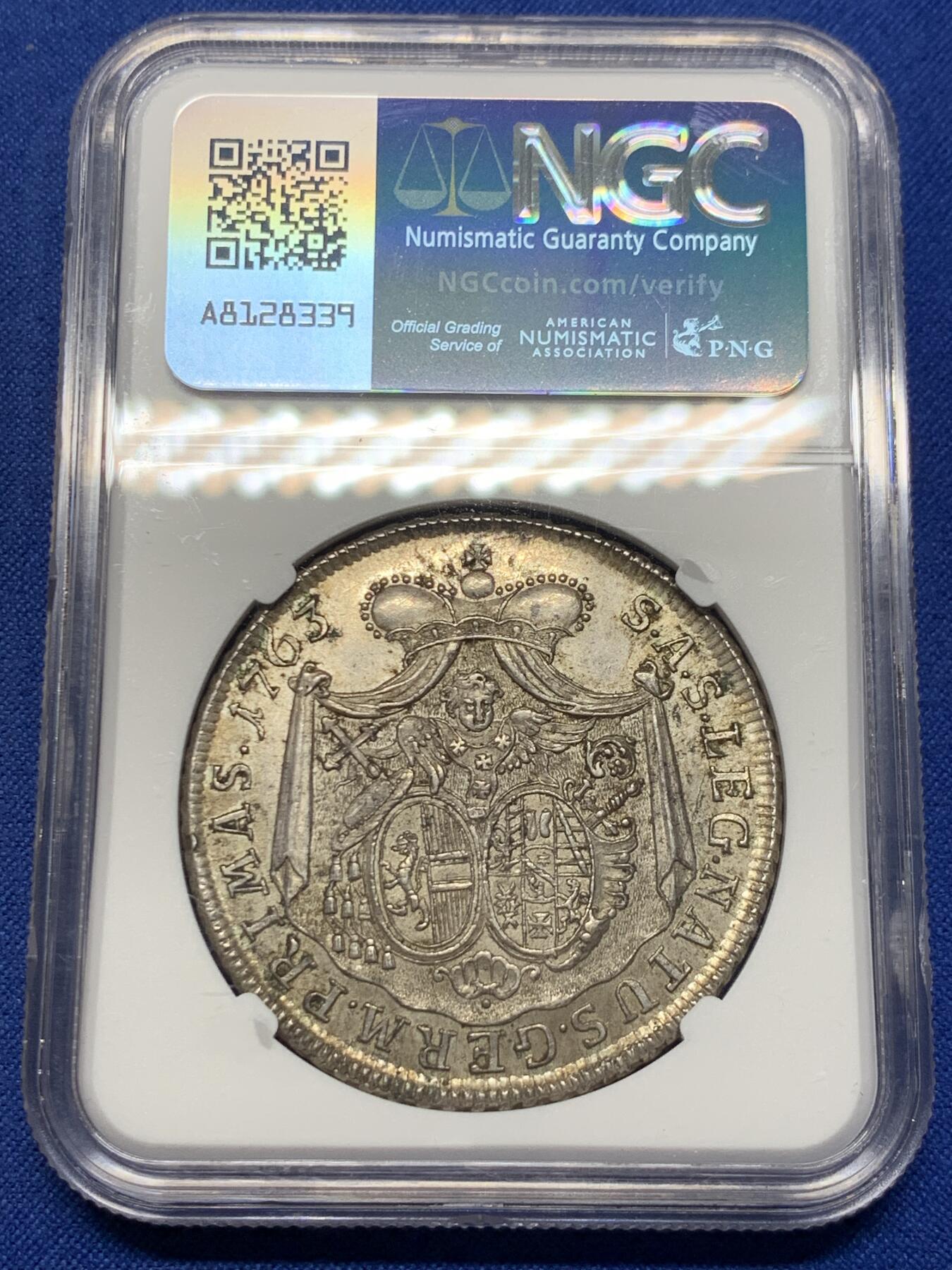 《竞宝斋》第424场 周日，周一，周二  3场连拍 （全场包邮） 亚军分 NGC MS62 奥地利 萨尔茨堡 1763年 泰勒银币 极少版本