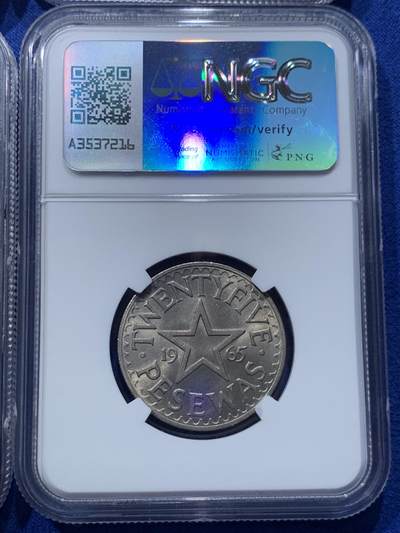 《竞宝斋》第424场 周日，周一，周二  3场连拍 （全场包邮） 四枚一组 NGC MS63-65 加纳1965年5/10/25/50pesewa 四枚全套 全部MS爆光品相 一步到位 成套少见