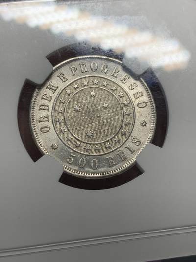 《竞宝斋》第424场 周日，周一，周二  3场连拍 （全场包邮） NGC UNCD 1889年巴西共和国500瑞斯，书价UNC50美元，细节见图。