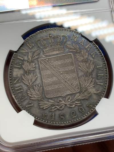 《竞宝斋》第424场 周日，周一，周二  3场连拍 （全场包邮） NGC UNC 德国 1829年 萨克森-科堡-哥达公国 欧内斯特一世 泰勒大银币 资料显示发行量仅3759枚 做为流通币来说保存下来很难 裸币普遍在1.5-2W成交