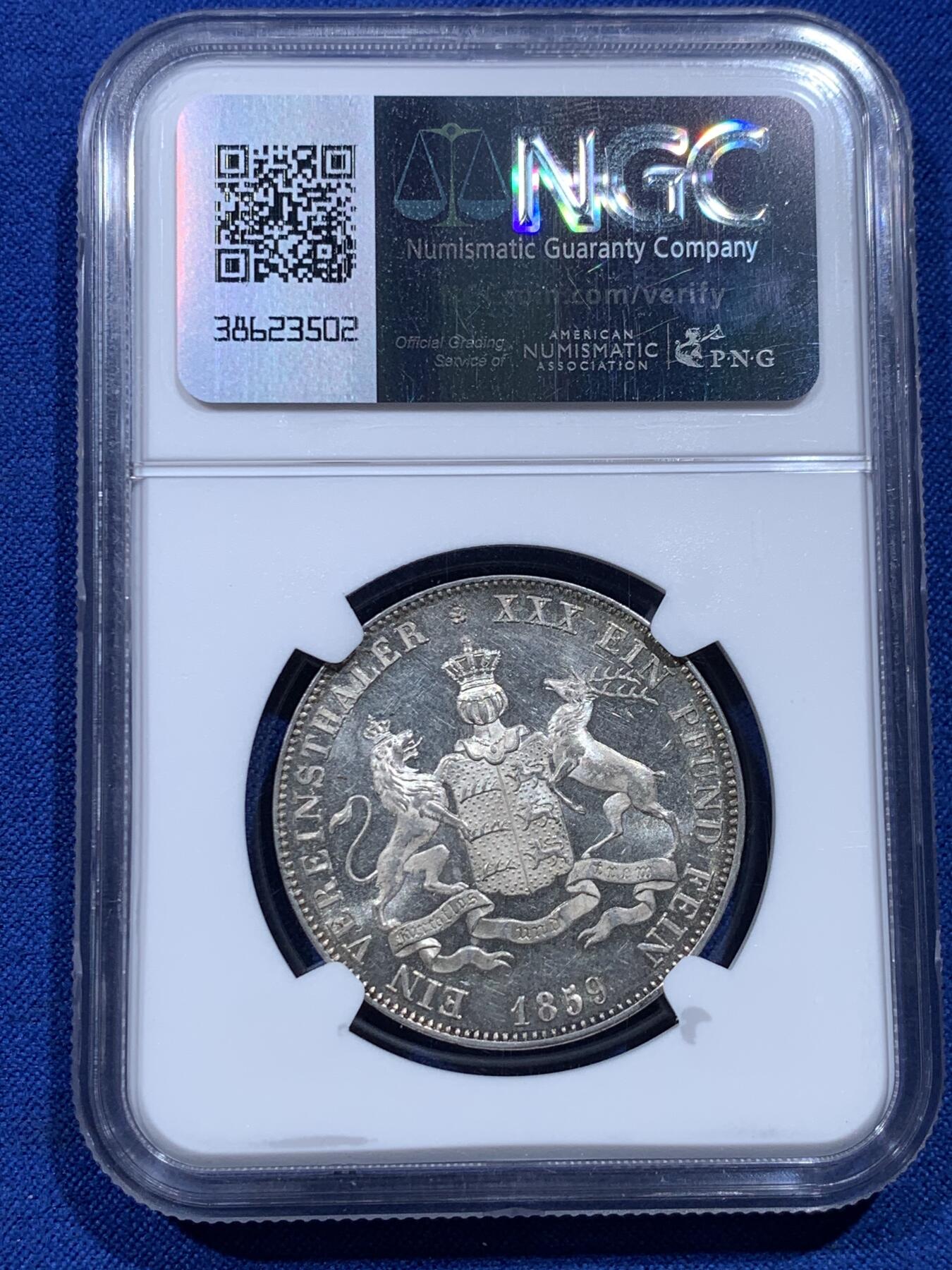《竞宝斋》第424场 周日，周一，周二  3场连拍 （全场包邮） NGC MS63 德国 1859年 符腾堡 狮鹿盾徽流通泰勒 银币 少见品种 季军分 光度 细节都值得入藏 具体状态见视频