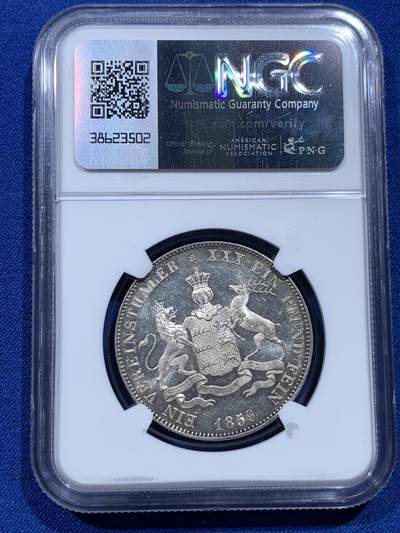 《竞宝斋》第424场 周日，周一，周二  3场连拍 （全场包邮） NGC MS63 德国 1859年 符腾堡 狮鹿盾徽流通泰勒 银币 少见品种 季军分 光度 细节都值得入藏 具体状态见视频 同分今年成交价已经到达6000 上涨幅度较大