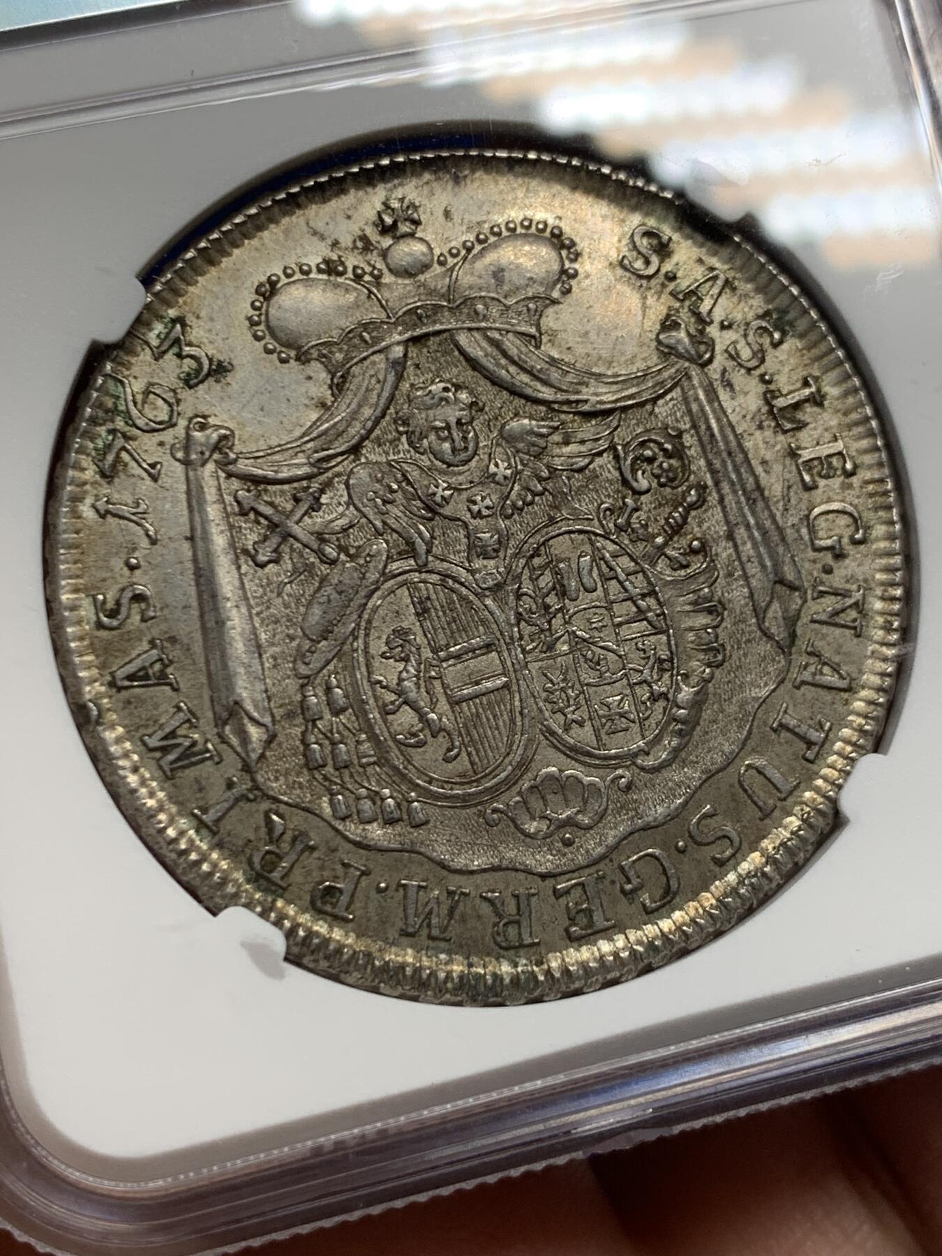 《竞宝斋》第424场 周日，周一，周二  3场连拍 （全场包邮） 亚军分 NGC MS62 奥地利 萨尔茨堡 1763年 泰勒银币 极少版本
