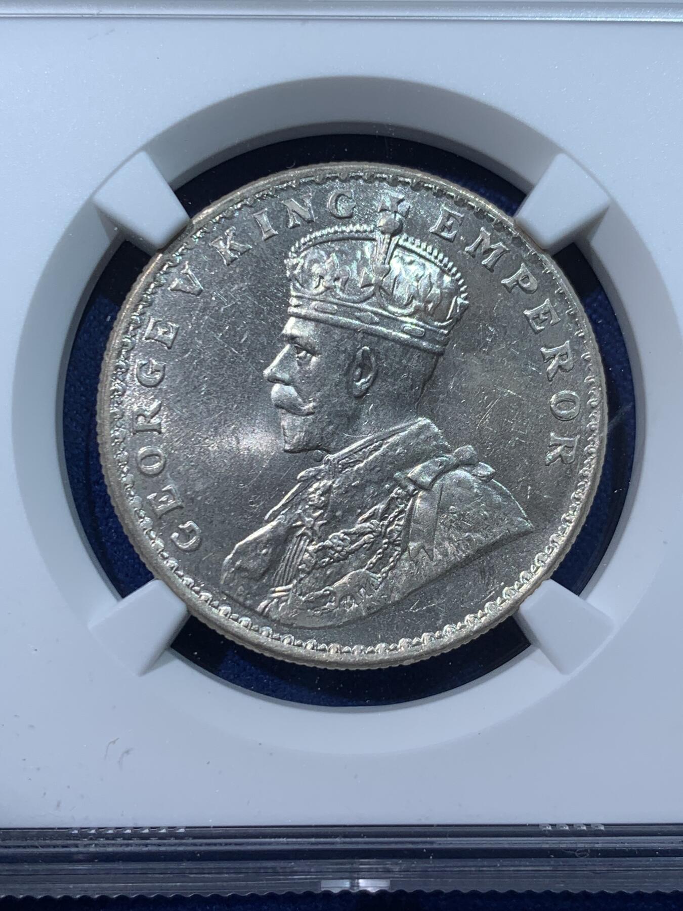 《竞宝斋》第424场 周日，周一，周二  3场连拍 （全场包邮） NGC MS62 英属印度1919年乔治五世1卢比银币