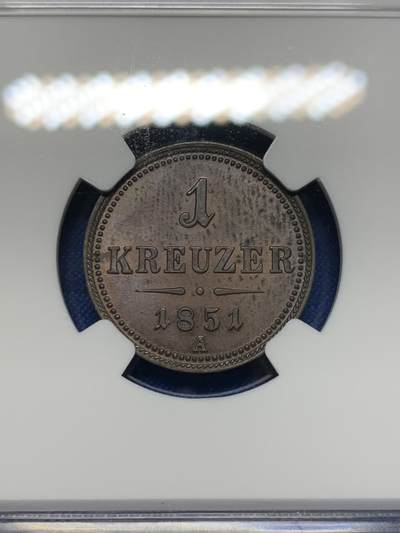 《竞宝斋》第424场 周日，周一，周二  3场连拍 （全场包邮） NGC MS62BN 奥地利 1851年 1克鲁泽铜币