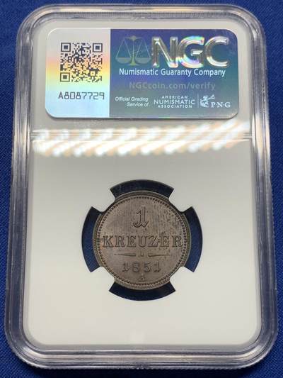 《竞宝斋》第424场 周日，周一，周二  3场连拍 （全场包邮） NGC MS62BN 奥地利 1851年 1克鲁泽铜币