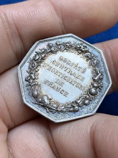 《竞宝斋》第424场 周日，周一，周二  3场连拍 （全场包邮） 法国园艺协会八角银代币 蜜蜂银标 11.15克 28.6mm