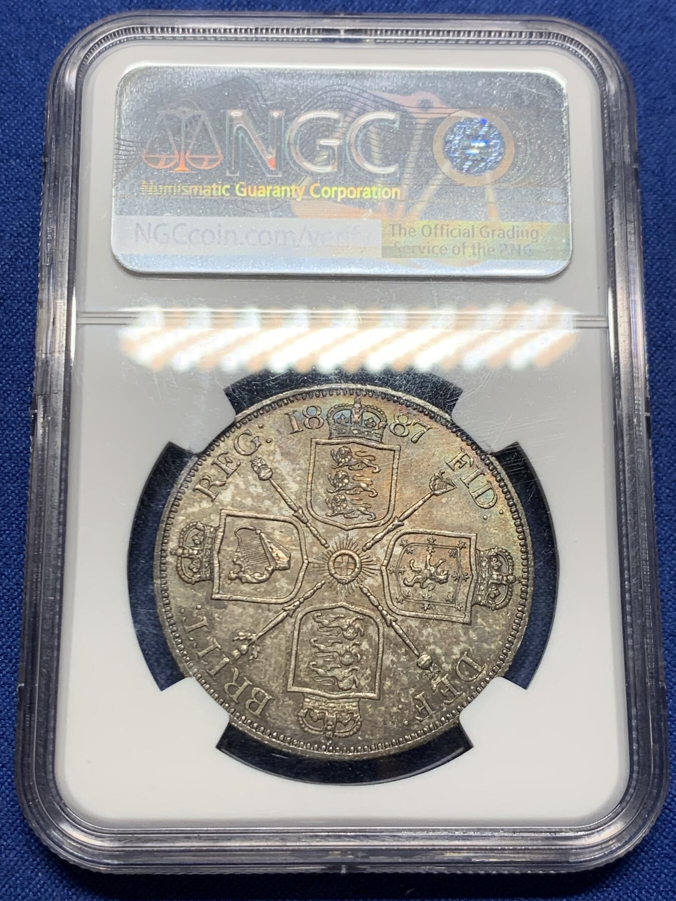 《竞宝斋》第424场 周日，周一，周二  3场连拍 （全场包邮） NGC MS62 英国1887年维多利亚双弗罗林银币，古罗马数字1版本，深五彩包浆。