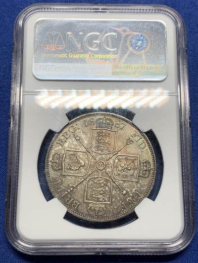 《竞宝斋》第424场 周日，周一，周二  3场连拍 （全场包邮） NGC MS62 英国1887年维多利亚双弗罗林银币，古罗马数字1版本，深五彩包浆。