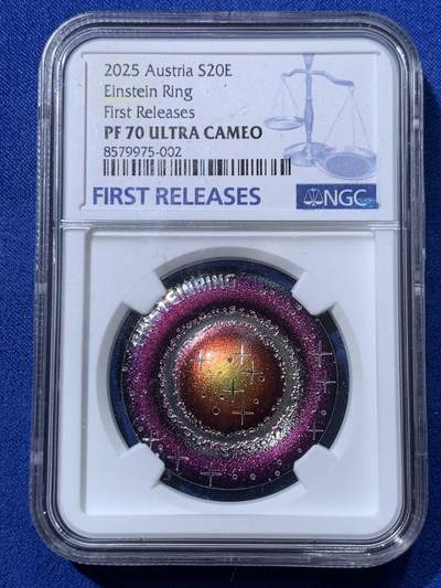 《竞宝斋》第424场 周日，周一，周二  3场连拍 （全场包邮） NGC PF70UC 首期蓝标 奥地利2025年超新星系列爱因斯坦环精制银币 带盒证