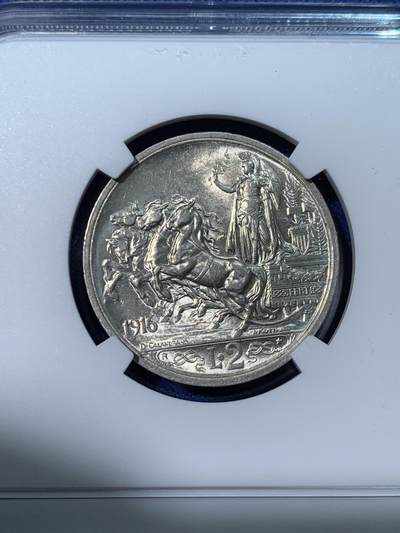 《竞宝斋》第424场 周日，周一，周二  3场连拍 （全场包邮） NGC MS62 意大利1916年小马车2里拉银币