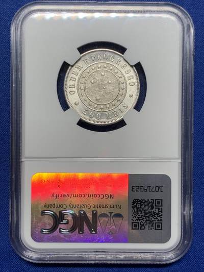 《竞宝斋》第424场 周日，周一，周二  3场连拍 （全场包邮） NGC UNCD 1889年巴西共和国500瑞斯，书价UNC50美元，细节见图。