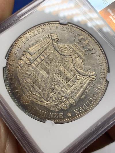 《竞宝斋》第424场 周日，周一，周二  3场连拍 （全场包邮） 唯一冠军分 NGC MS62 德国 1841 萨克森王国 弗里德里希·奥古斯特二世 流通2泰勒37克多的大银币 仅2枚入盒
