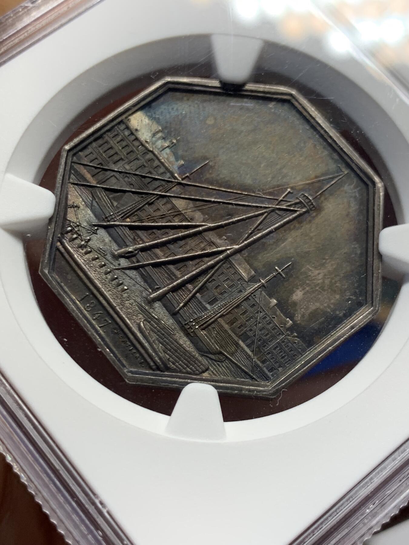 《竞宝斋》第424场 周日，周一，周二  3场连拍 （全场包邮） NGC MS63 高分 法国1847年勒阿弗尔海事八角银质代币，少见品。