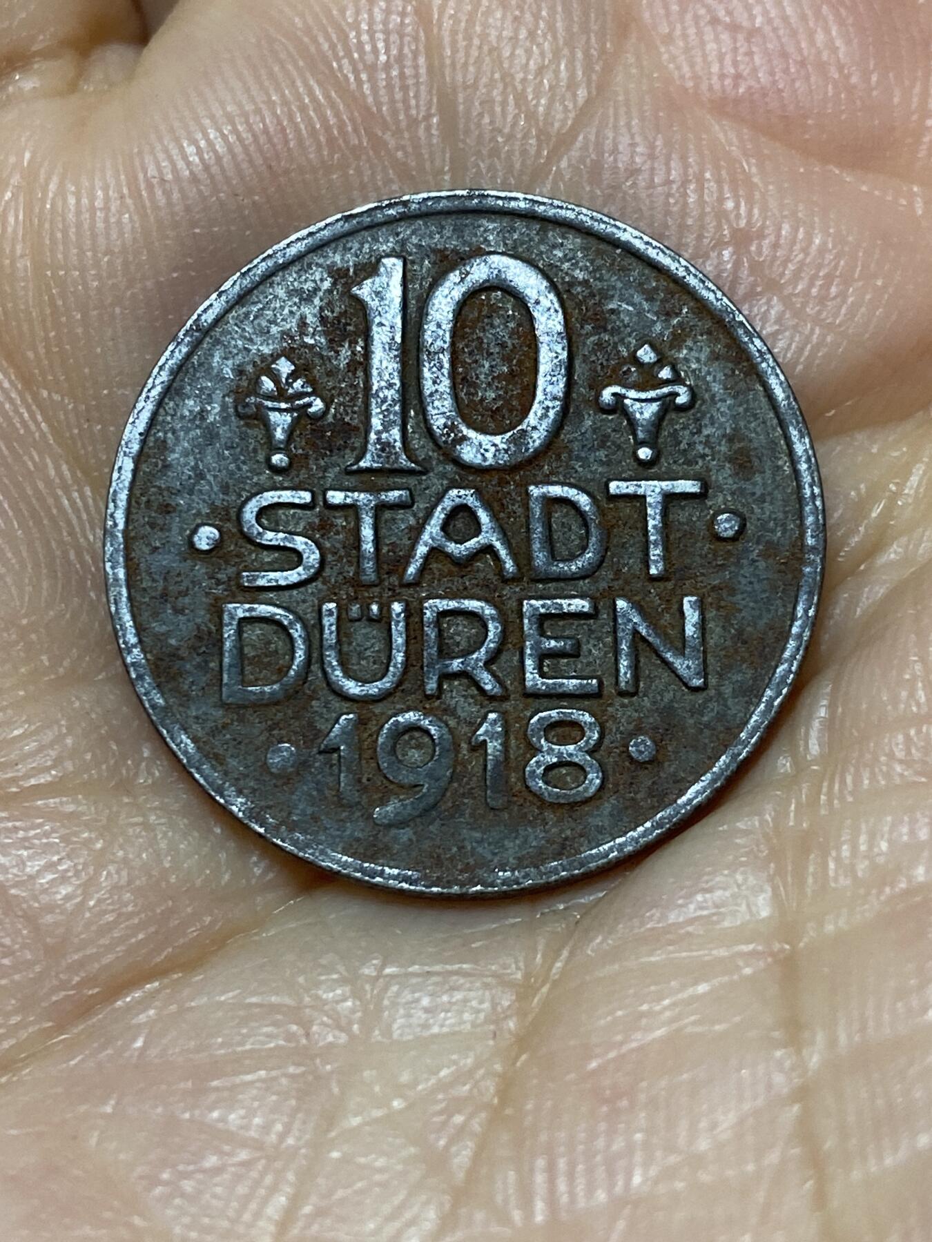 2025年第九十八场(总第一百二十四场）外国好品散币(免佣金) 德意志第二帝国末期杜伦市1918年10芬妮紧急状态币(铁币)