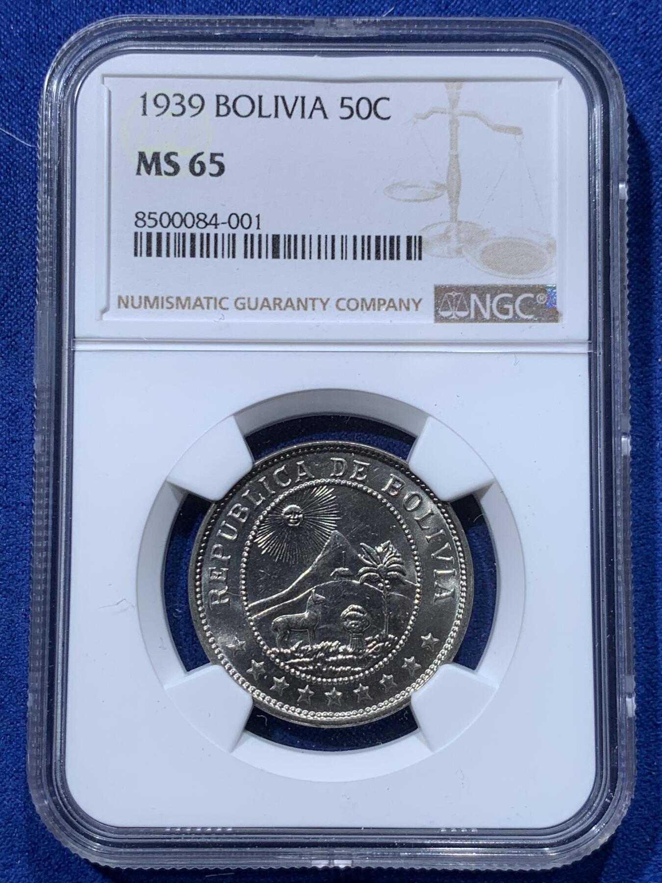 《竞宝斋》第424场 周日，周一，周二  3场连拍 （全场包邮） 两枚一组 NGC MS65 玻利维亚1939年50分镍币 近百年高分未流通少见