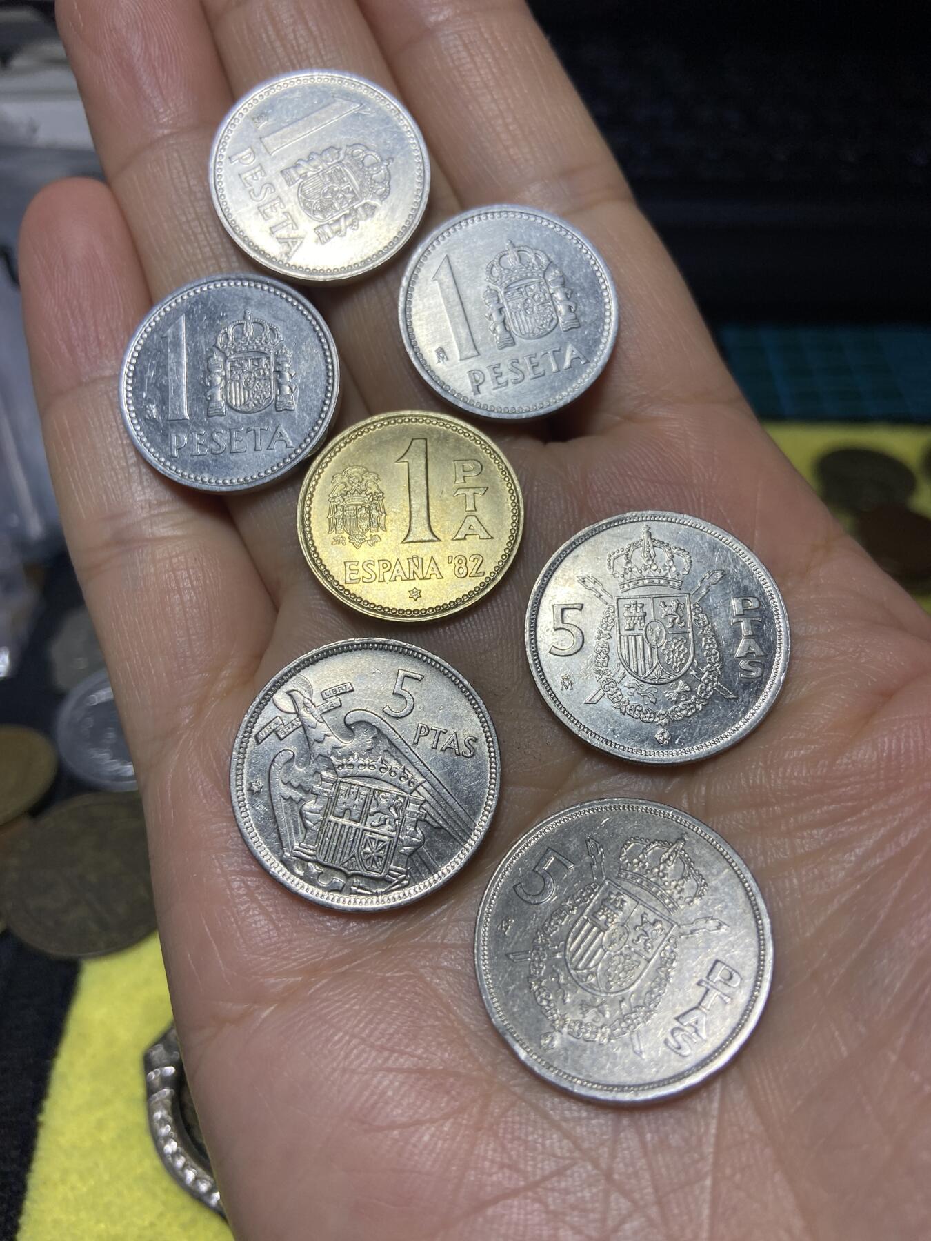2025年第九十八场(总第一百二十四场）外国好品散币(免佣金) 西班牙🇪🇸7枚：1980年、1983年、1984年、1985年1比塞塔，1957年、1982年、1983年5比塞塔