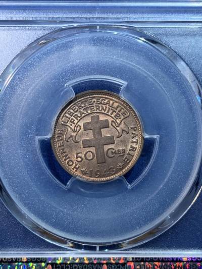 《竞宝斋》第424场 周日，周一，周二  3场连拍 （全场包邮） PCGS MS64RB 1943年SA法属喀麦隆雄鸡50分