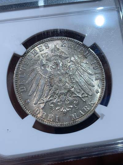 《竞宝斋》第424场 周日，周一，周二  3场连拍 （全场包邮） NGC MS63 德国1914J汉堡-双狮3马克银币