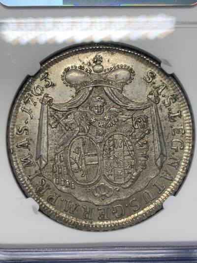 《竞宝斋》第424场 周日，周一，周二  3场连拍 （全场包邮） 亚军分 NGC MS62 奥地利 萨尔茨堡 1763年 泰勒银币 极少版本 11年同分 8000成交 裸币和MS 差距极为明显的品种