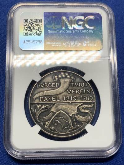 《竞宝斋》第424场 周日，周一，周二  3场连拍 （全场包邮） NGC MS62 瑞士1919年巴塞尔体育协会成立百年纪念银章