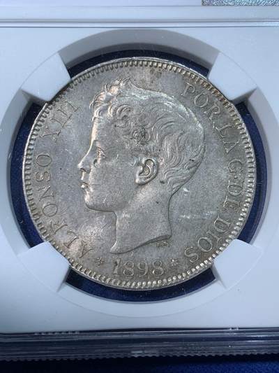 《竞宝斋》第424场 周日，周一，周二  3场连拍 （全场包邮） NGC MS62 西班牙1898年阿方索少年头5比塞塔银币 状态极美车轮转光